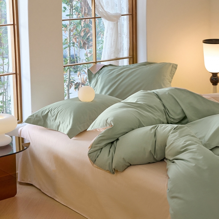 91家纺网 家纺一手货源 找家纺 秀色2025高端50支加厚陶瓷磨毛全棉四件套奶油风瑞妮青提绿+奶油