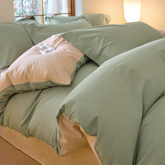 91家纺网 家纺一手货源 找家纺 秀色2025高端50支加厚陶瓷磨毛全棉四件套奶油风瑞妮青提绿+奶油