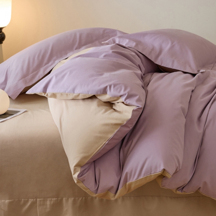 91家纺网 家纺一手货源 找家纺 秀色2025高端50支加厚陶瓷磨毛全棉四件套奶油风瑞妮轻紫+奶油