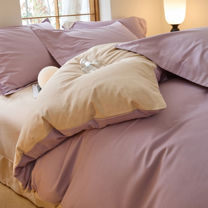 91家纺网 家纺一手货源 找家纺 秀色2025高端50支加厚陶瓷磨毛全棉四件套奶油风瑞妮轻紫+奶油