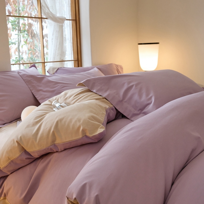 91家纺网 家纺一手货源 找家纺 秀色2025高端50支加厚陶瓷磨毛全棉四件套奶油风瑞妮轻紫+奶油