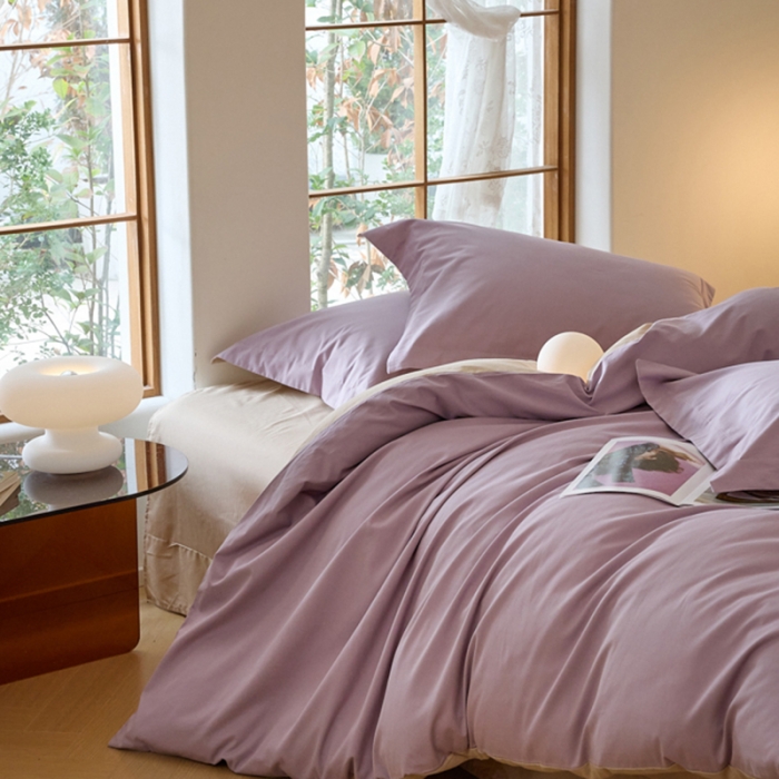 91家纺网 家纺一手货源 找家纺 秀色2025高端50支加厚陶瓷磨毛全棉四件套奶油风瑞妮轻紫+奶油