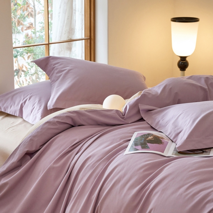 91家纺网 家纺一手货源 找家纺 秀色2025高端50支加厚陶瓷磨毛全棉四件套奶油风瑞妮轻紫+奶油