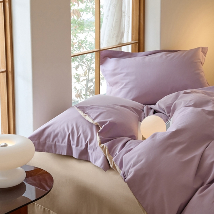 91家纺网 家纺一手货源 找家纺 秀色2025高端50支加厚陶瓷磨毛全棉四件套奶油风瑞妮轻紫+奶油