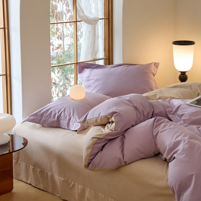 91家纺网 家纺一手货源 找家纺 秀色2025高端50支加厚陶瓷磨毛全棉四件套奶油风瑞妮轻紫+奶油