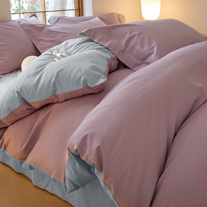 91家纺网 家纺一手货源 找家纺 秀色2025高端50支加厚陶瓷磨毛全棉四件套奶油风瑞妮轻紫+松灰