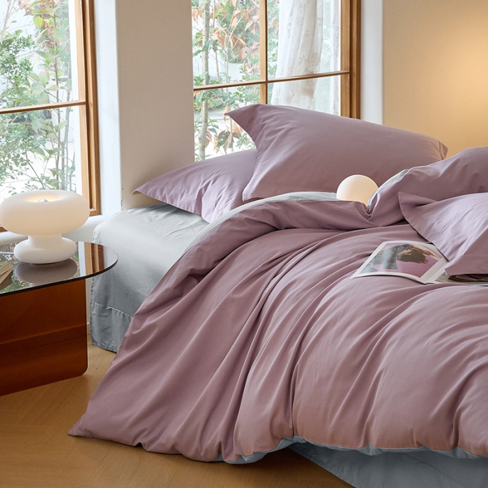 91家纺网 家纺一手货源 找家纺 秀色2025高端50支加厚陶瓷磨毛全棉四件套奶油风瑞妮轻紫+松灰