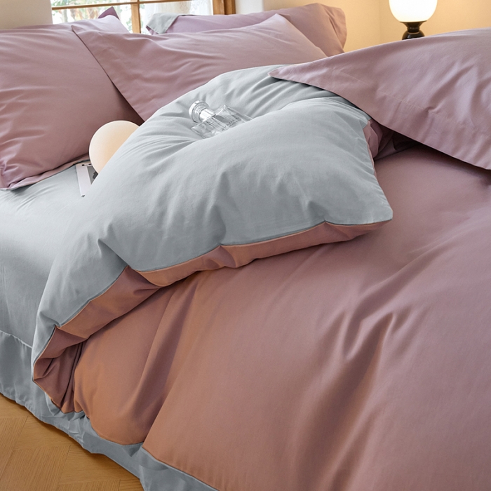 91家纺网 家纺一手货源 找家纺 秀色2025高端50支加厚陶瓷磨毛全棉四件套奶油风瑞妮轻紫+松灰