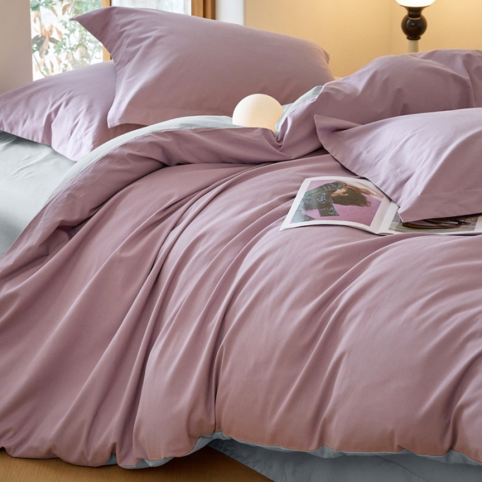 91家纺网 家纺一手货源 找家纺 秀色2025高端50支加厚陶瓷磨毛全棉四件套奶油风瑞妮轻紫+松灰