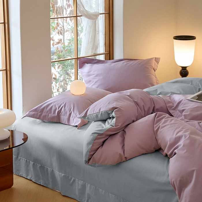 91家纺网 家纺一手货源 找家纺 秀色2025高端50支加厚陶瓷磨毛全棉四件套奶油风瑞妮轻紫+松灰