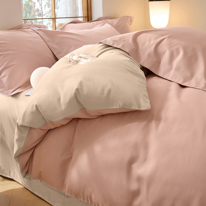 91家纺网 家纺一手货源 找家纺 秀色2025高端50支加厚陶瓷磨毛全棉四件套奶油风瑞妮桃红+奶油