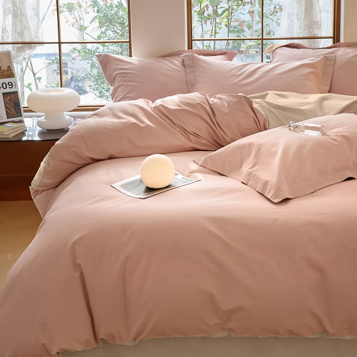 91家纺网 家纺一手货源 找家纺 秀色2025高端50支加厚陶瓷磨毛全棉四件套奶油风瑞妮桃红+奶油