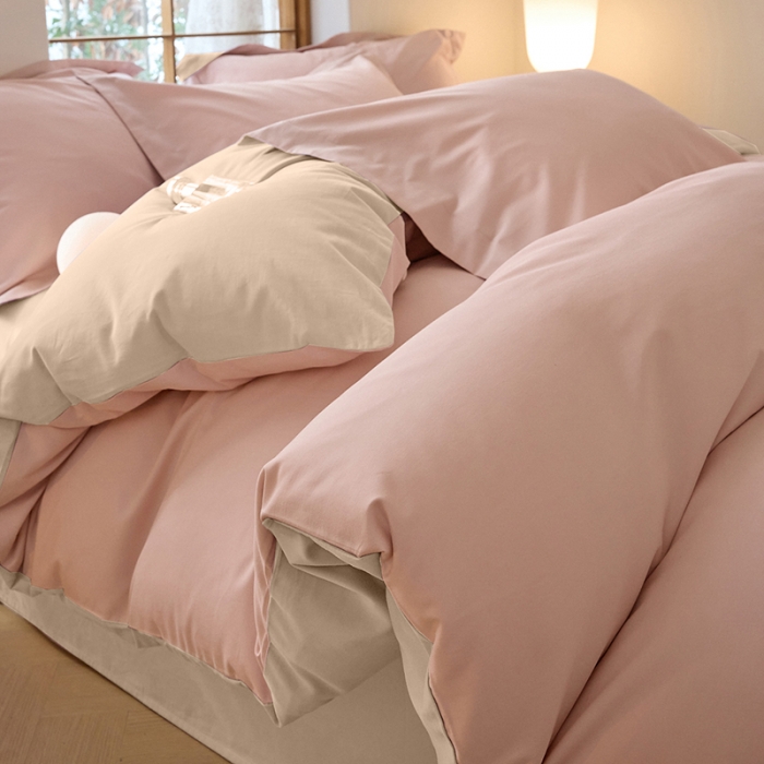 91家纺网 家纺一手货源 找家纺 秀色2025高端50支加厚陶瓷磨毛全棉四件套奶油风瑞妮桃红+奶油