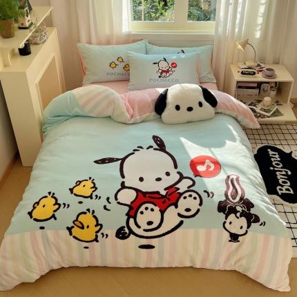 91家纺网 家纺一手货源 找家纺 三朵 2023新款三丽鸥牛奶绒数码印花大版系列四件套 蓝色帕恰