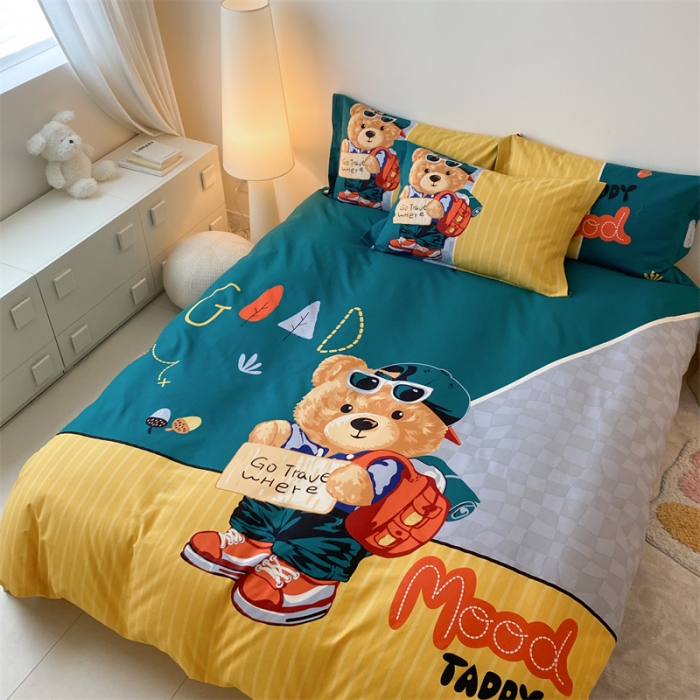 91家纺网 家纺一手货源 找家纺 旷野 2023新款全棉磨毛卡通四件套 乐淘淘绿