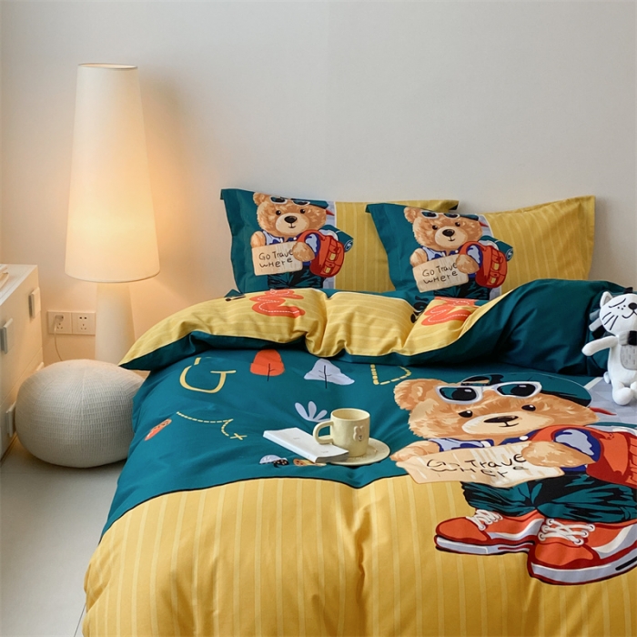 91家纺网 家纺一手货源 找家纺 旷野 2023新款全棉磨毛卡通四件套 乐淘淘绿