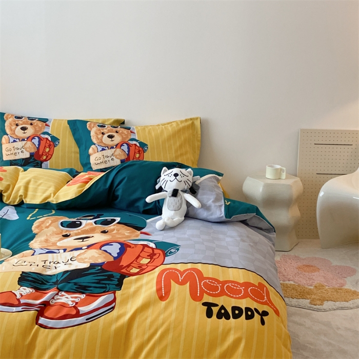 91家纺网 家纺一手货源 找家纺 旷野 2023新款全棉磨毛卡通四件套 乐淘淘绿