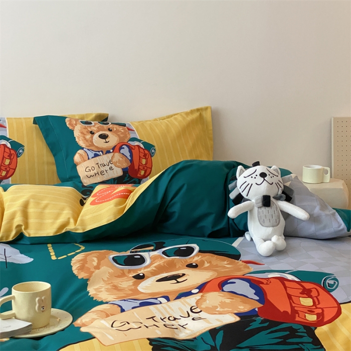 91家纺网 家纺一手货源 找家纺 旷野 2023新款全棉磨毛卡通四件套 乐淘淘绿