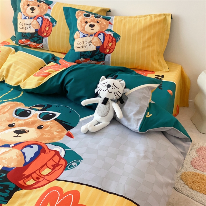 91家纺网 家纺一手货源 找家纺 旷野 2023新款全棉磨毛卡通四件套 乐淘淘绿