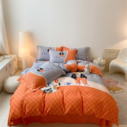 旷野 2023新款全棉磨毛卡通四件套 熊王子桔