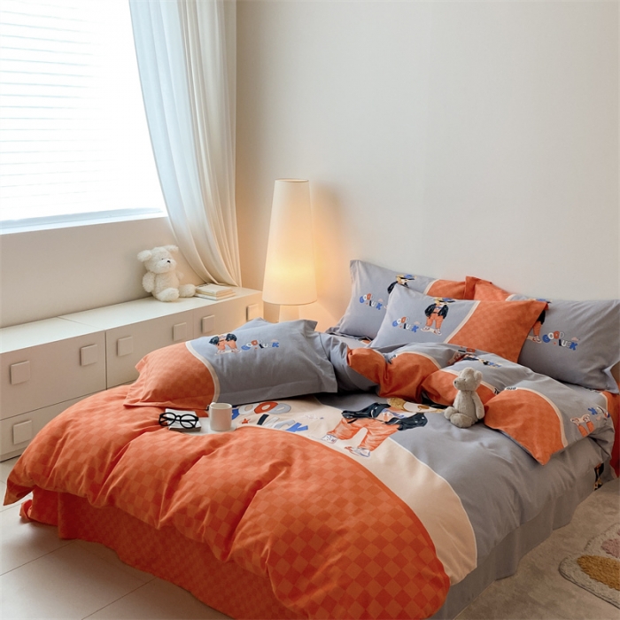 91家纺网 家纺一手货源 找家纺 旷野 2023新款全棉磨毛卡通四件套 熊王子桔