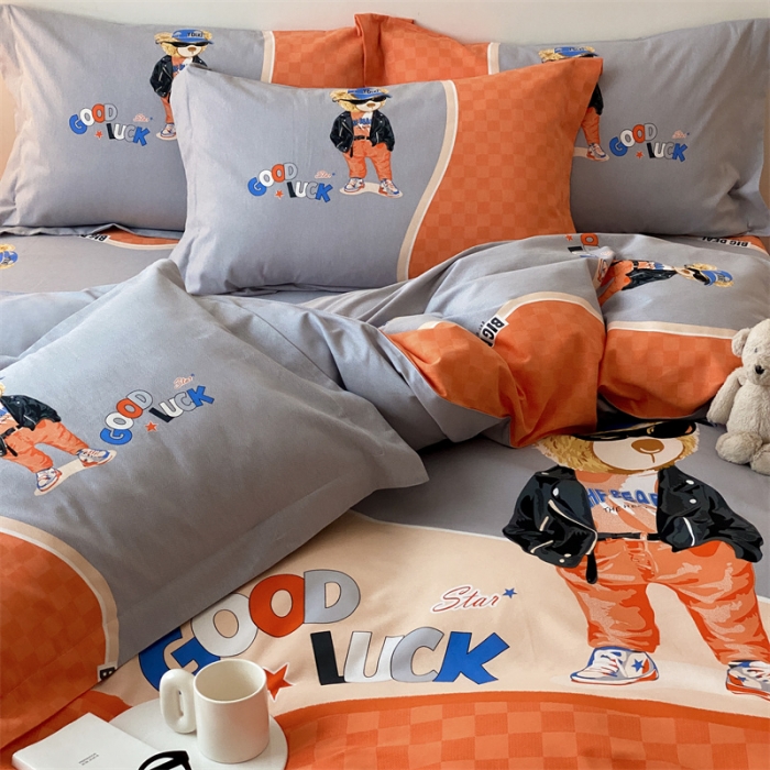 91家纺网 家纺一手货源 找家纺 旷野 2023新款全棉磨毛卡通四件套 熊王子桔