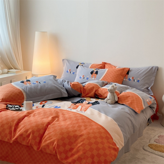 91家纺网 家纺一手货源 找家纺 旷野 2023新款全棉磨毛卡通四件套 熊王子桔