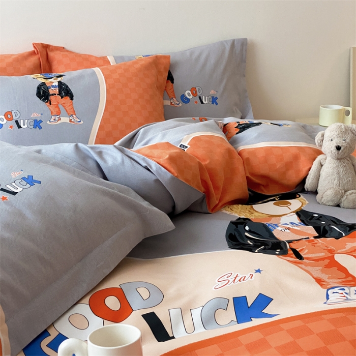 91家纺网 家纺一手货源 找家纺 旷野 2023新款全棉磨毛卡通四件套 熊王子桔