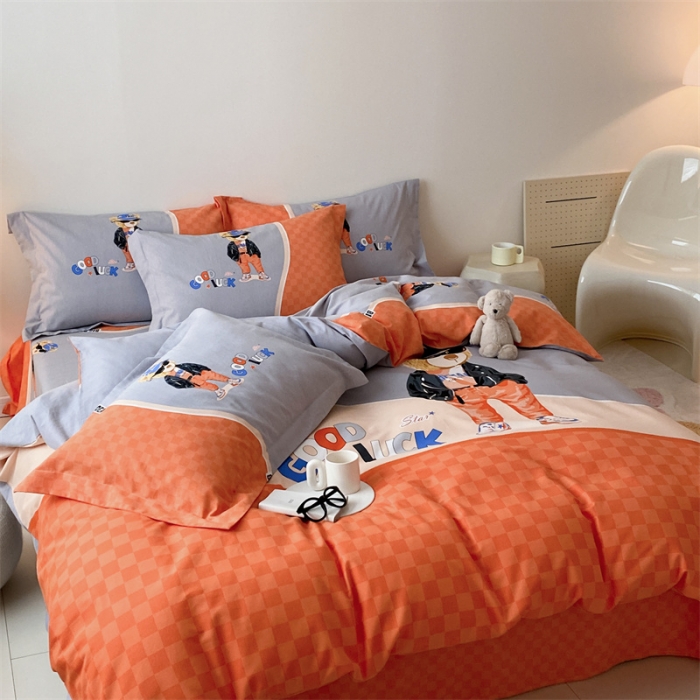 91家纺网 家纺一手货源 找家纺 旷野 2023新款全棉磨毛卡通四件套 熊王子桔