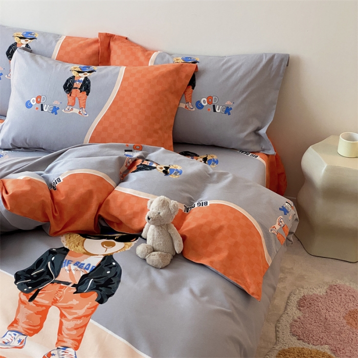 91家纺网 家纺一手货源 找家纺 旷野 2023新款全棉磨毛卡通四件套 熊王子桔