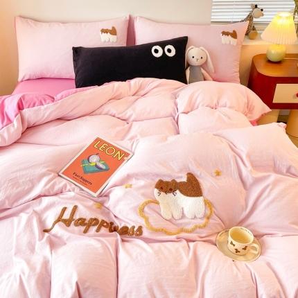 91家纺网 家纺一手货源 找家纺 凯洛奇 2023新款毛巾绣萌萌猫系列四件套 萌萌猫-奶粉红