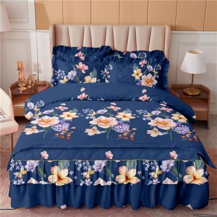 91家纺网 家纺一手货源 找家纺 优家居 2025新款芦荟棉双层边夹棉床裙四件套 风采依旧-蓝