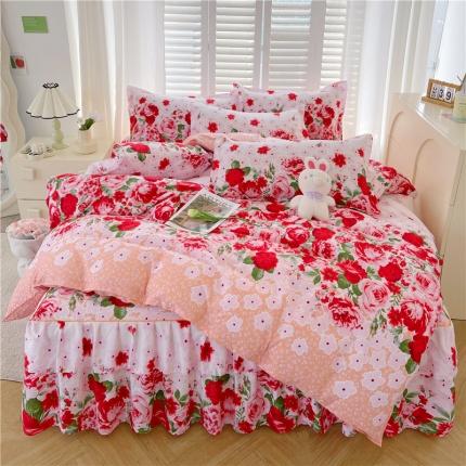 91家纺网 家纺一手货源 找家纺 优家居 2025新款芦荟棉床裙四件套韩版公主风花边三件套双层边床罩床笠床单被套外贸直播爆款 花的海洋