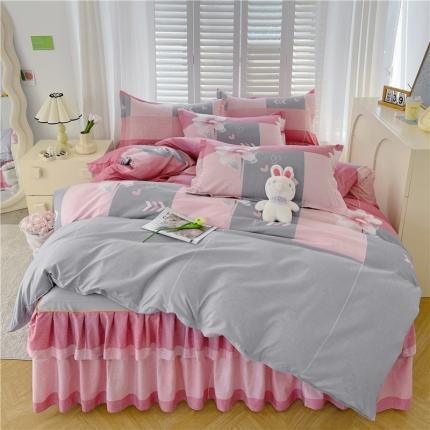 91家纺网 家纺一手货源 找家纺 优家居 2025新款芦荟棉床裙四件套韩版公主风花边三件套双层边床罩床笠床单被套外贸直播爆款 花仙子