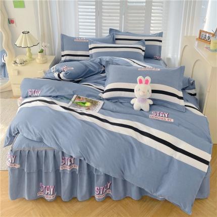 91家纺网 家纺一手货源 找家纺 优家居 2025新款芦荟棉床裙四件套韩版公主风花边三件套双层边床罩床笠床单被套外贸直播爆款 简单时光