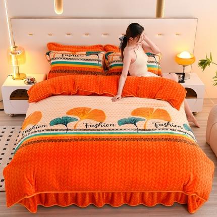 91家纺网 家纺一手货源 找家纺 晚静 2025新款7斤牛奶绒四件套金貂法莱绒床裙款保暖绒三件套  银杏叶