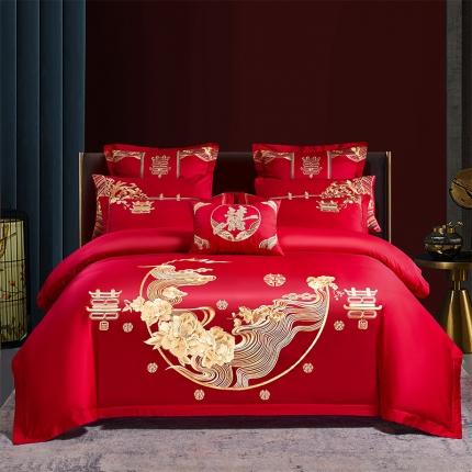 91家纺网 家纺一手货源 找家纺 振翼 2025新款40s全棉丝光喷气婚庆四件套多件套 花开富贵