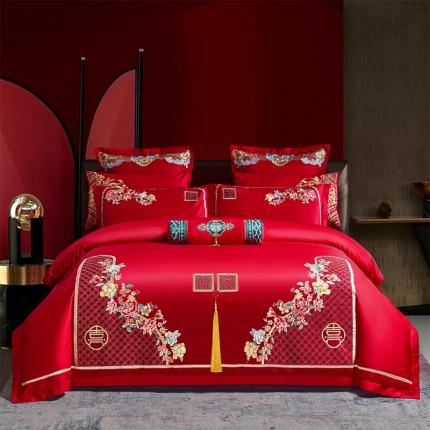 91家纺网 家纺一手货源 找家纺 振翼 2025新款40s全棉丝光喷气婚庆四件套多件套 三生喜爱