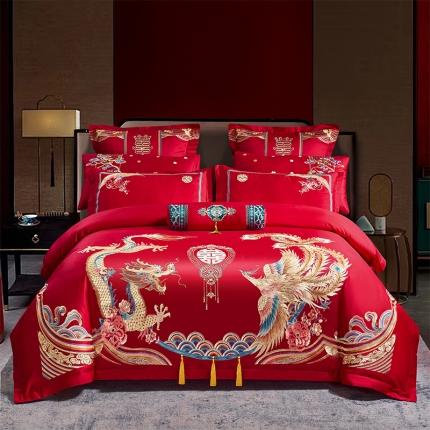 91家纺网 家纺一手货源 找家纺 振翼 2025新款40s全棉丝光喷气婚庆四件套多件套 盛世龙凤