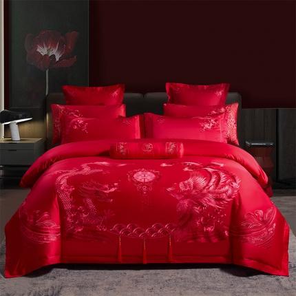 91家纺网 家纺一手货源 找家纺 振翼 2025新款40s全棉丝光喷气婚庆四件套多件套 盛世龙凤-红