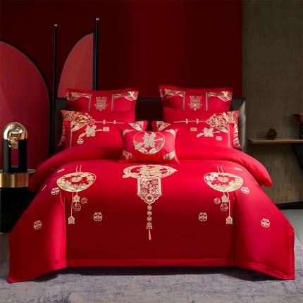 91家纺网 家纺一手货源 找家纺 振翼 2025新款40s全棉丝光喷气婚庆四件套多件套 天成喜事