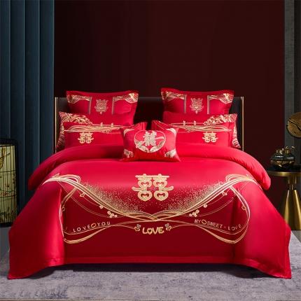 91家纺网 家纺一手货源 找家纺 振翼 2025新款40s全棉丝光喷气婚庆四件套多件套 喜结连理