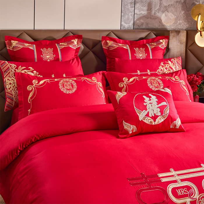 91家纺网 家纺一手货源 找家纺 振翼 2025新款40s全棉丝光喷气婚庆四件套多件套 喜上加喜