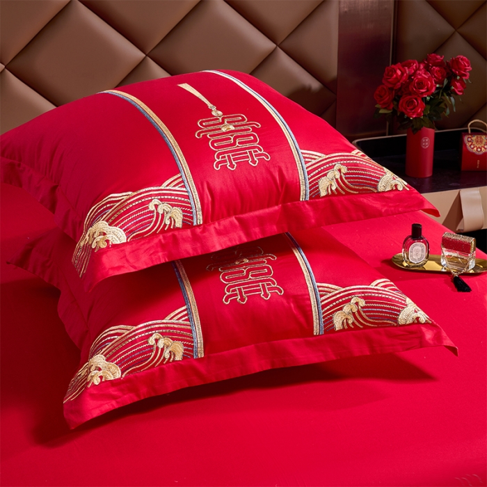 91家纺网 家纺一手货源 找家纺 振翼 2025新款40s全棉丝光喷气婚庆四件套多件套 喜上加喜