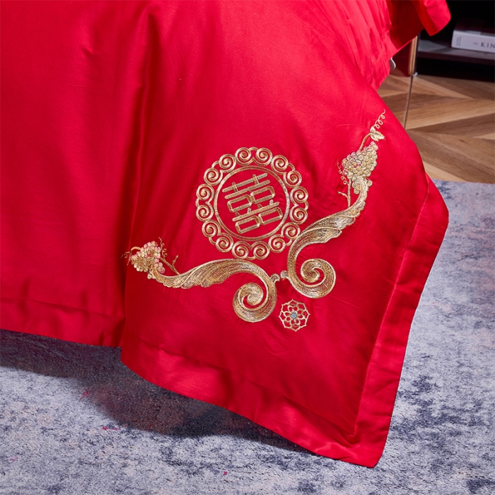 91家纺网 家纺一手货源 找家纺 振翼 2025新款40s全棉丝光喷气婚庆四件套多件套 喜上加喜