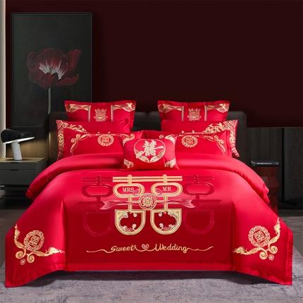 振翼 2025新款40s全棉丝光喷气婚庆四件套多件套 喜上加喜