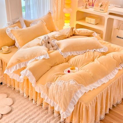 后庭寝室 2023新款加厚牛奶绒床裙四件套-倾城 倾城-暖黄