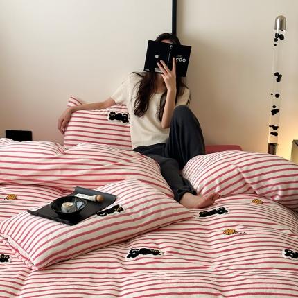 时年家纺 2023新款高克重牛奶绒立体毛巾绣四件套 充值会员优惠5元 条纹猫咪