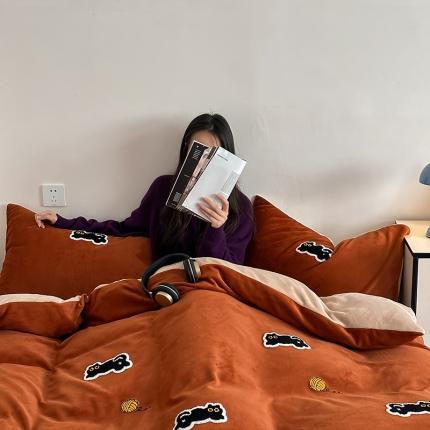 时年家纺 2023新款高克重牛奶绒立体毛巾绣四件套 充值会员优惠5元 焦糖猫咪