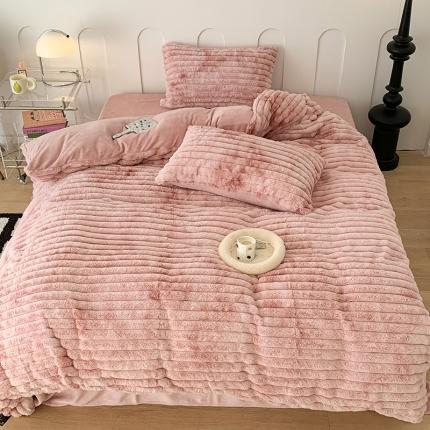 昔可家纺 2023新款ins风纯色兔兔绒兔毛四件套 粉色扎染